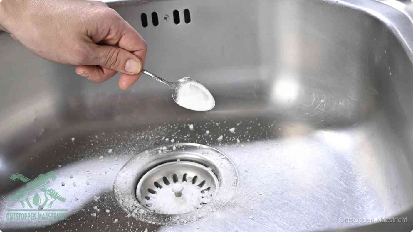 Een hand strooit met een lepel soda in de afvoer van een roestvrijstalen spoelbak, de soda en azijn huismiddel-methode om de afvoer te ontstoppen in Maastricht