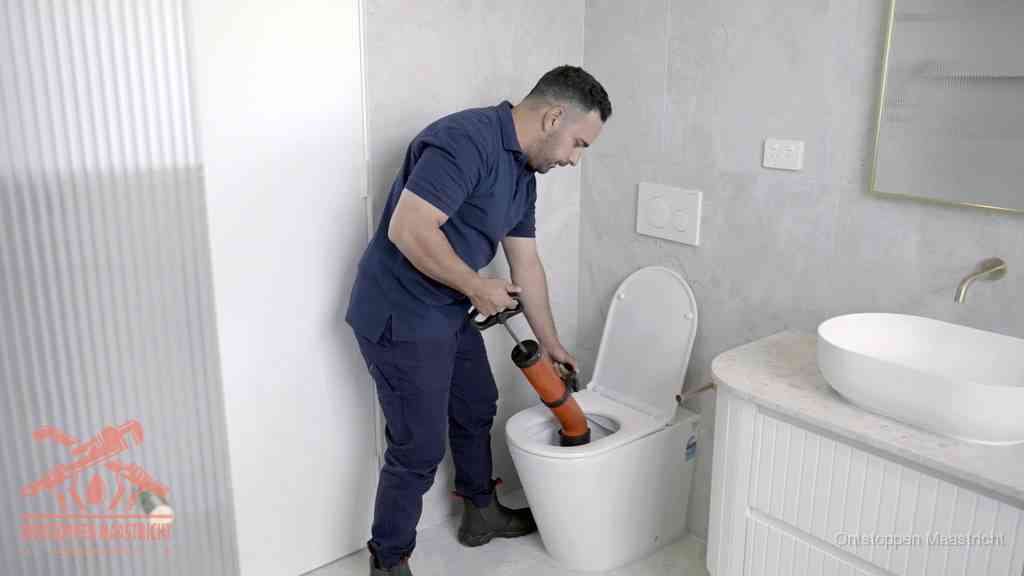 Een monteur buigt over een wandcloset en duwt met de hand een persluchtontstopper in de toiletpot om de verstopping handmatig los te maken in Maastricht