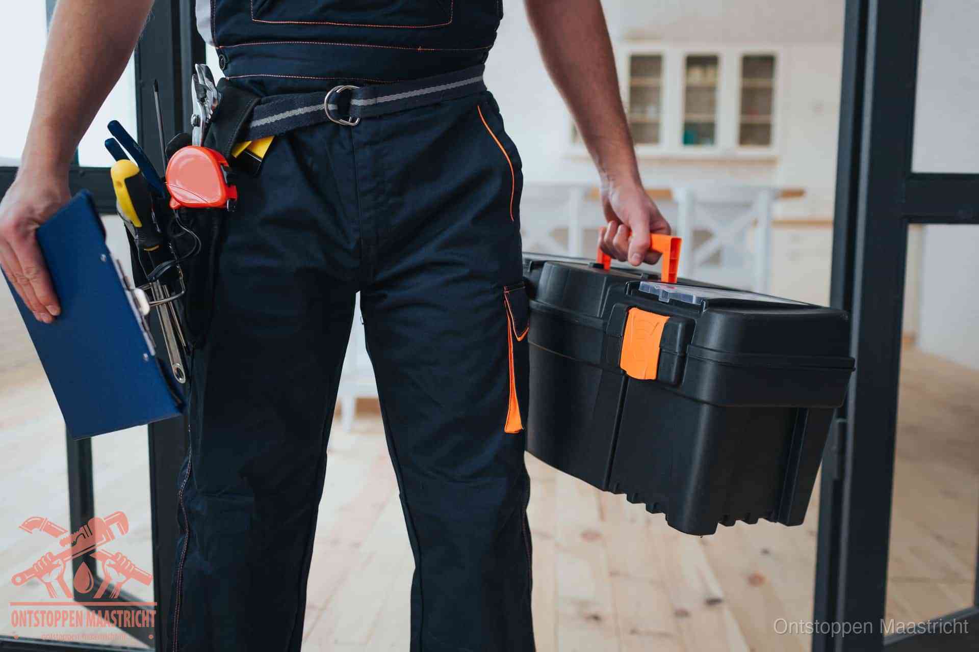 Een monteur met gereedschapsriem en klembord in een keuken, klaar om een transparante prijs voor het gootsteen ontstoppen in Maastricht te geven