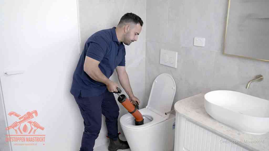 Een monteur gebruikt een handmatige perspomp (toiletontstopper) op een wandcloset tijdens het professioneel wc ontstoppen in Maastricht