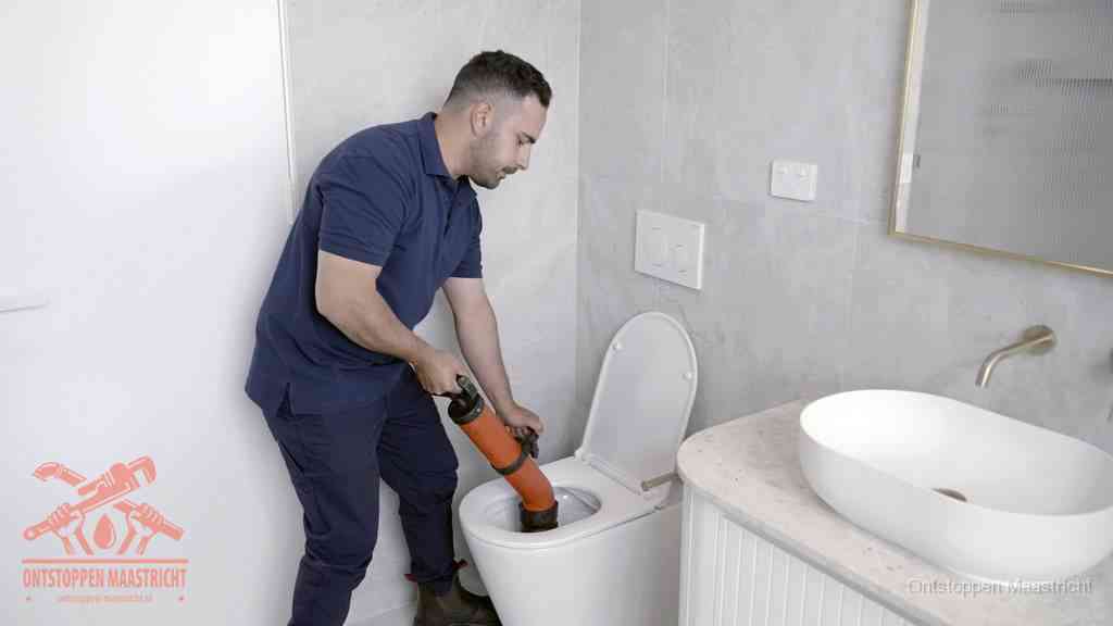 Een man gebruikt een handmatige luchtdruk-ontstopper in een modern betegeld toilet om zelf de wc te ontstoppen in Maastricht